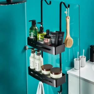 Eren DVOJPOSCHODOVÁ KOVOVÁ ČIERNA ZÁVESNÁ POLICA DO SPRCHY